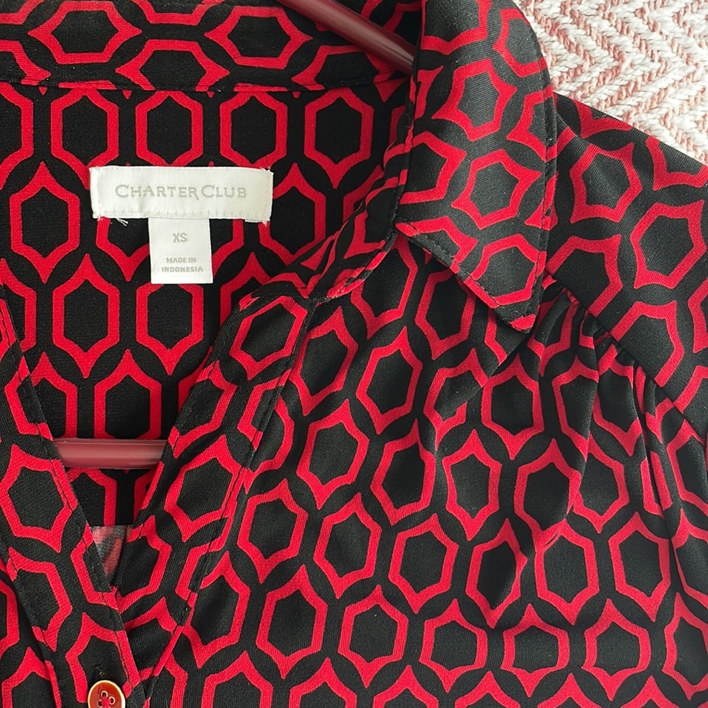 3/4 sleeve dress shirt red and black print